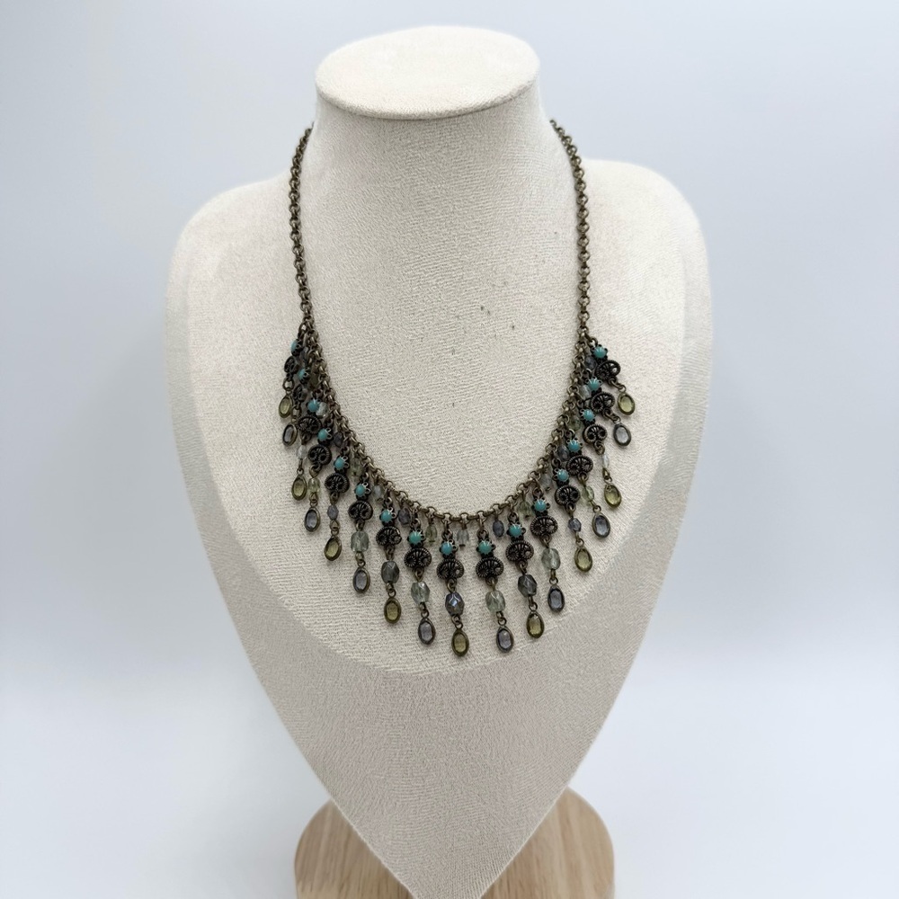 Avon Bohemian Antiqued Brass Turquoise Enamel Dangle Blue Green Bib Necklace